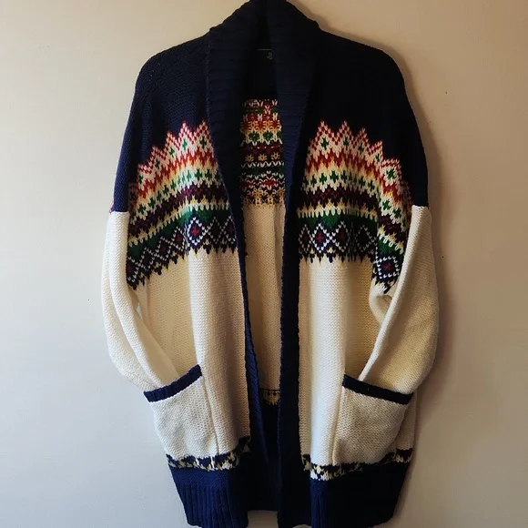American Eagle Fair Isle Cardigan Chunky Knit Cream Navy Pockets, Size Xxl - Picture 2 of 12